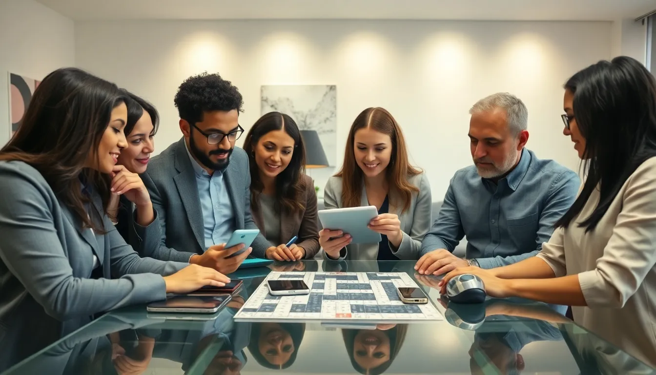 diverse team solving a crossword puzzle in a modern office.