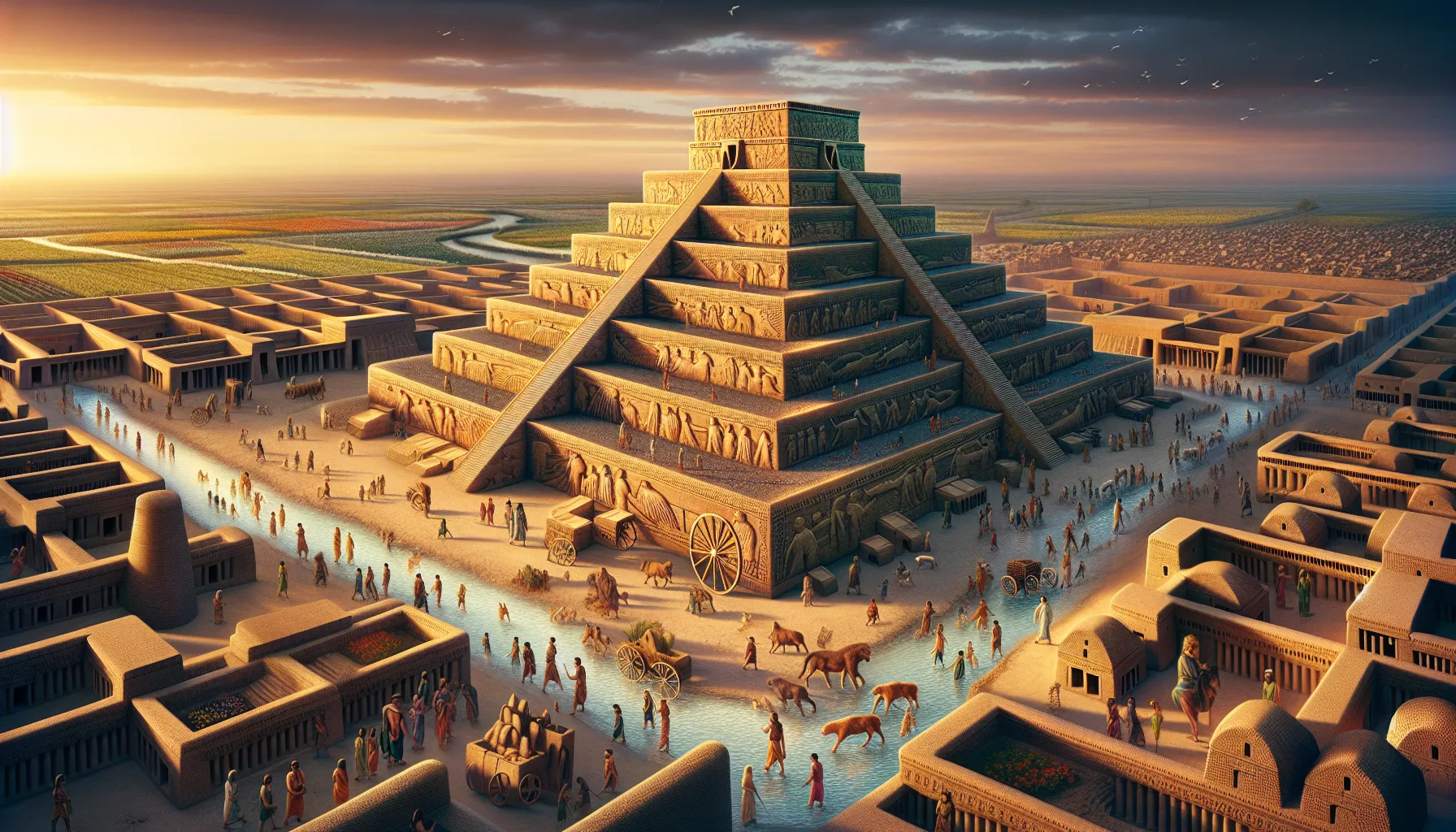 An ancient ziggurat amidst a vibrant Mesopotamian cityscape.