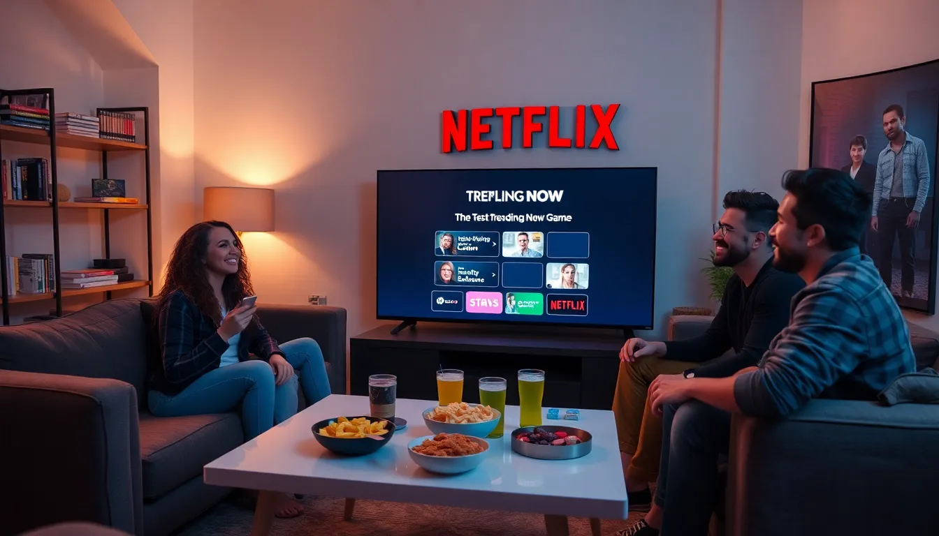 friends enjoying a quiz game night based on Netflix shows.