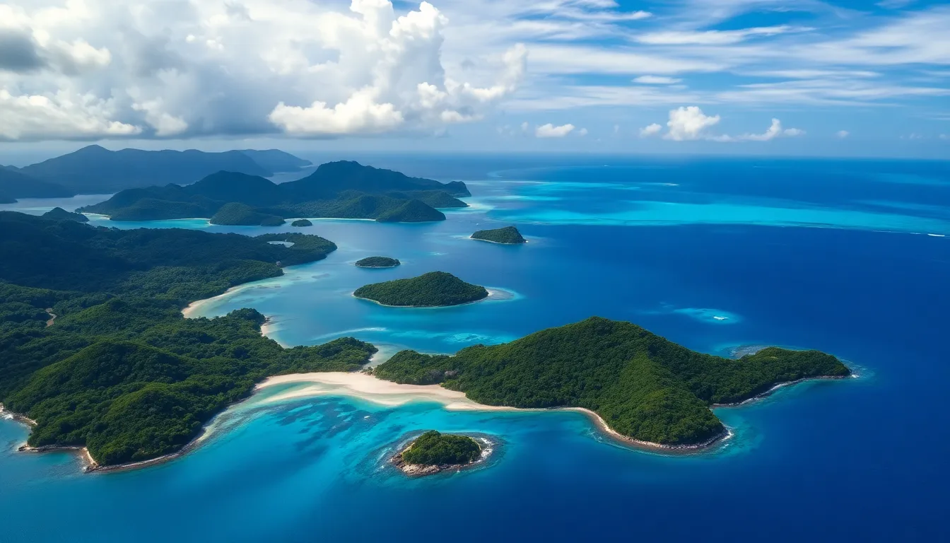 Aerial view of Ku vorie Islands with lush rainforests and clear waters.