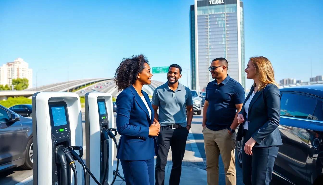 diverse professionals at a modern electric vehicle charging station.