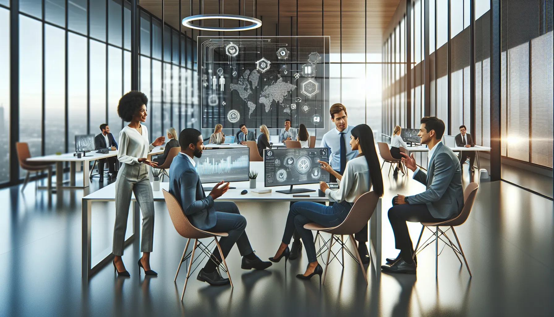 diverse team collaborating in a modern office on future trends.