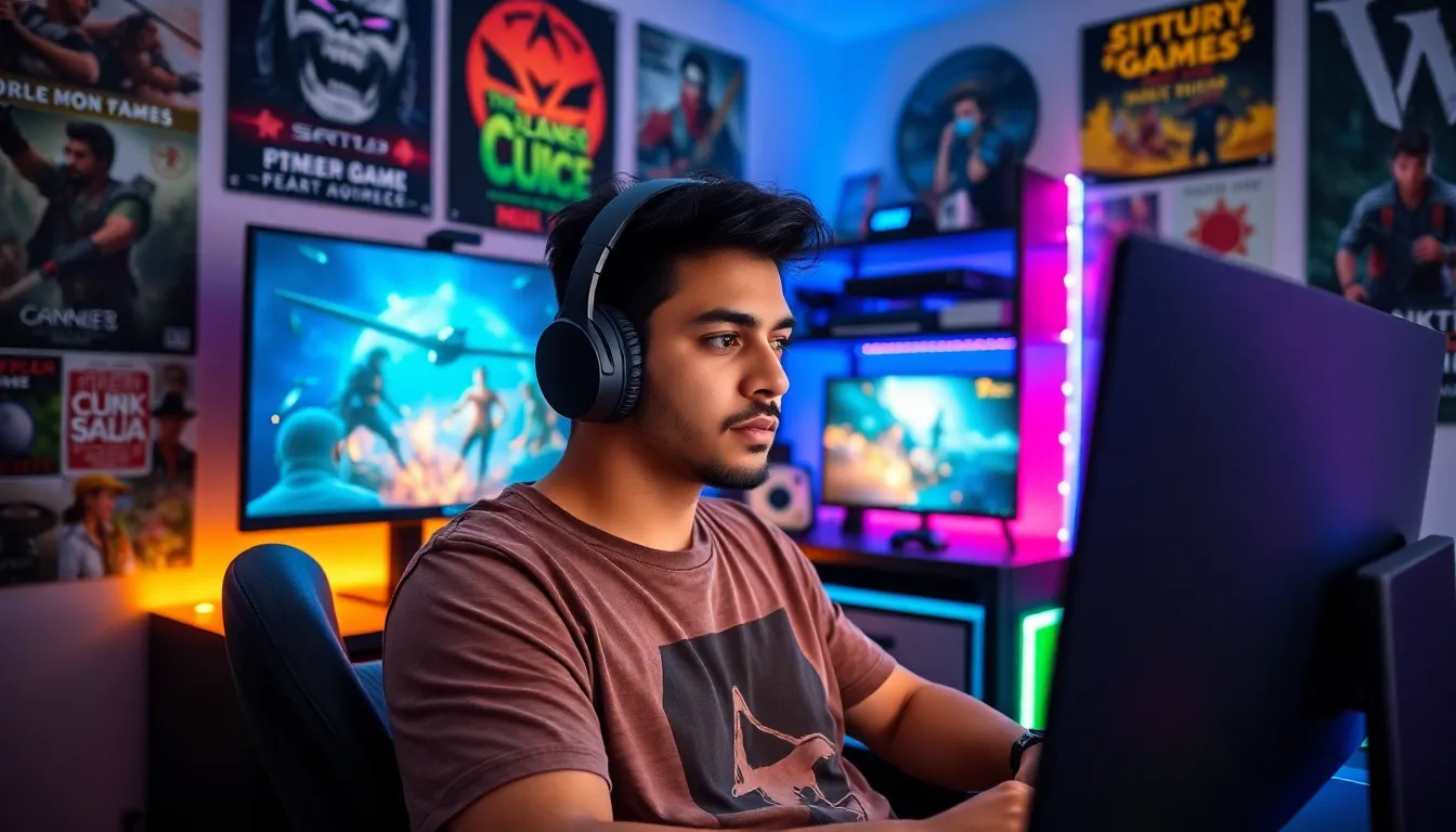 a gamer immersed in a colorful gaming room filled with equipment.