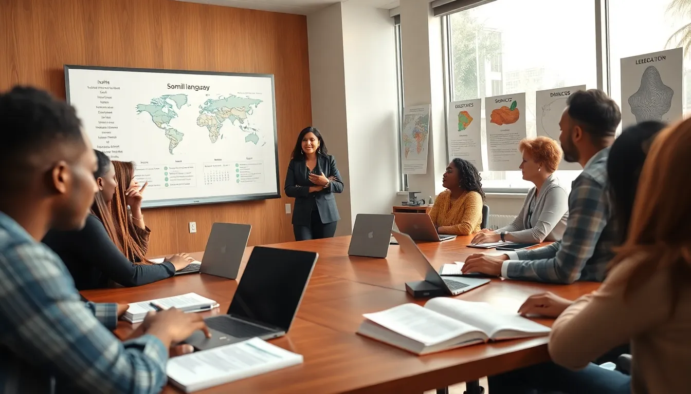 diverse adult learners in a modern classroom studying Somali language.