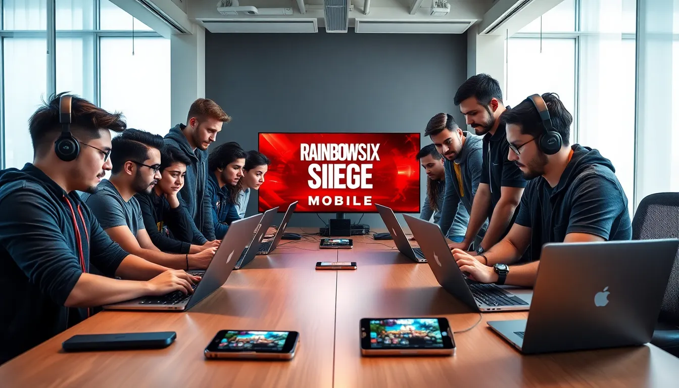 gamers collaborating on Rainbow Six Siege Mobile in a modern office.