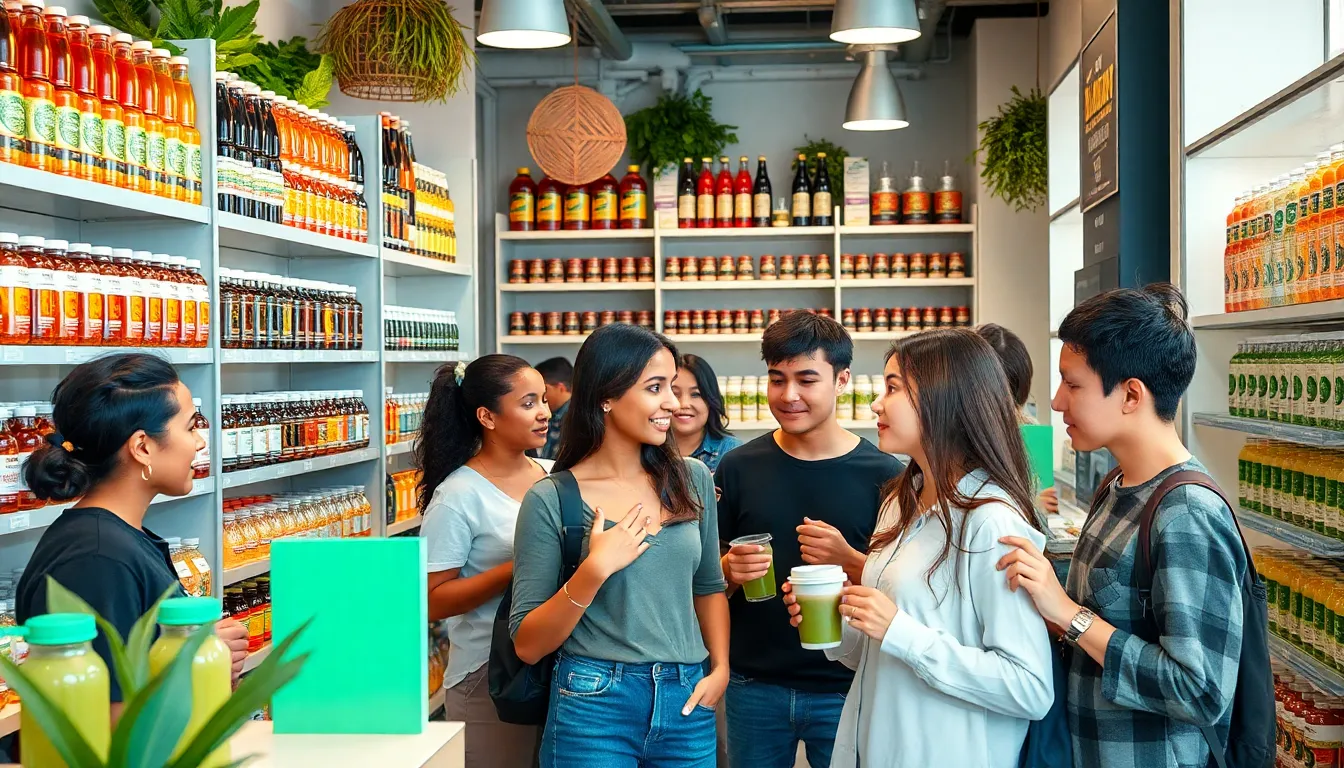 young adults exploring health-focused beverages in a modern shop.