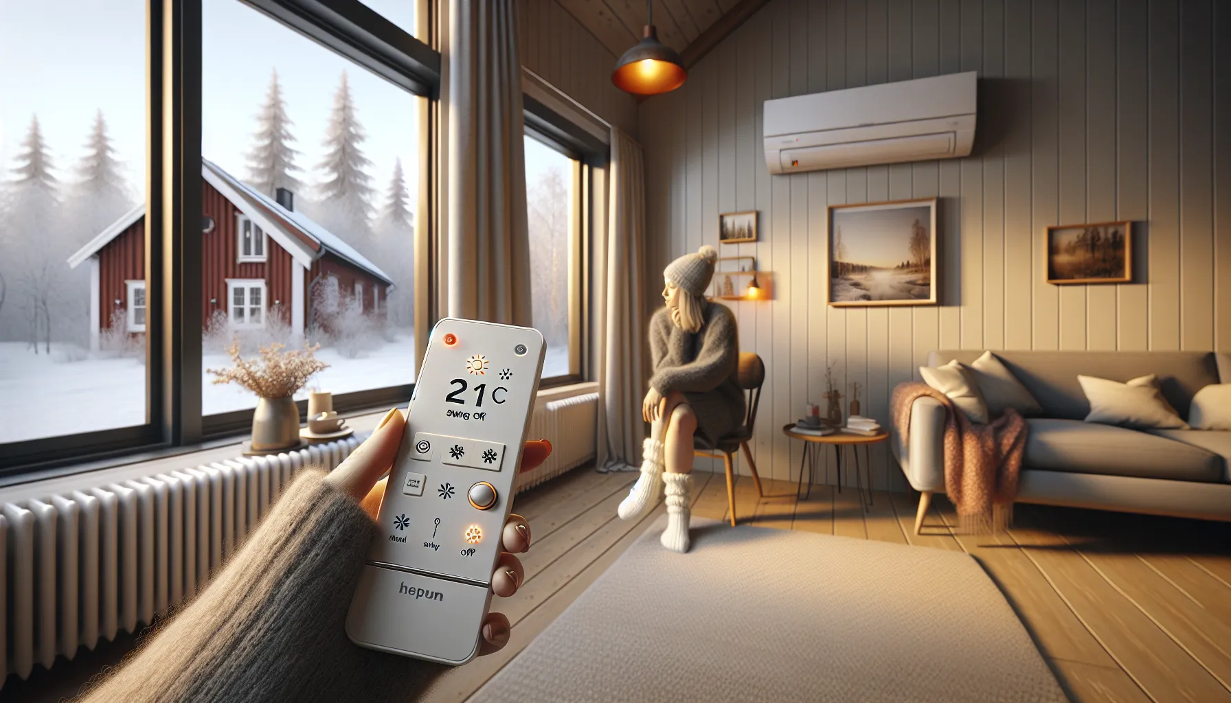 Norwegian homeowner sets heat pump to 21°c heat mode on winter morning.