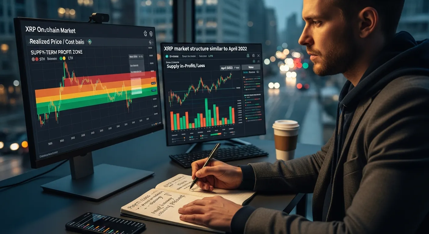 Analyst studies XRP realized price and holder cohorts on dual monitors.