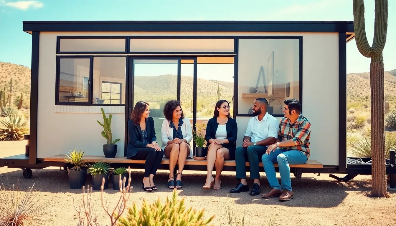diverse group discussing tiny homes in a sunny Tucson setting.