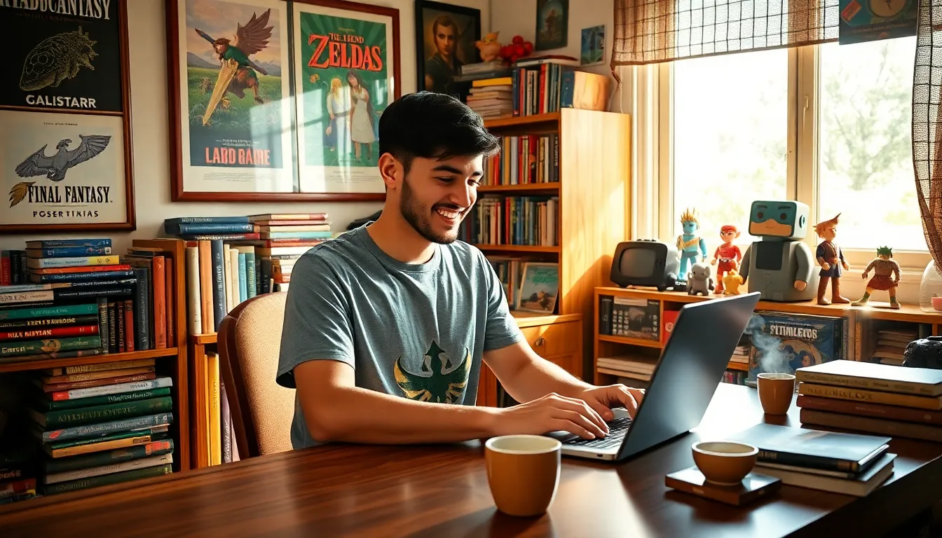 Larry Nando writing at his desk, surrounded by books and gaming memorabilia.