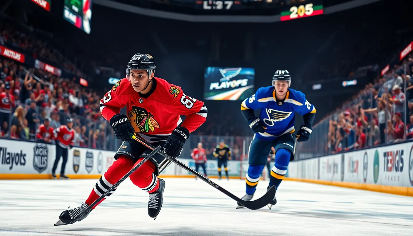 A Chicago Blackhawks player in action during a competitive NHL game.