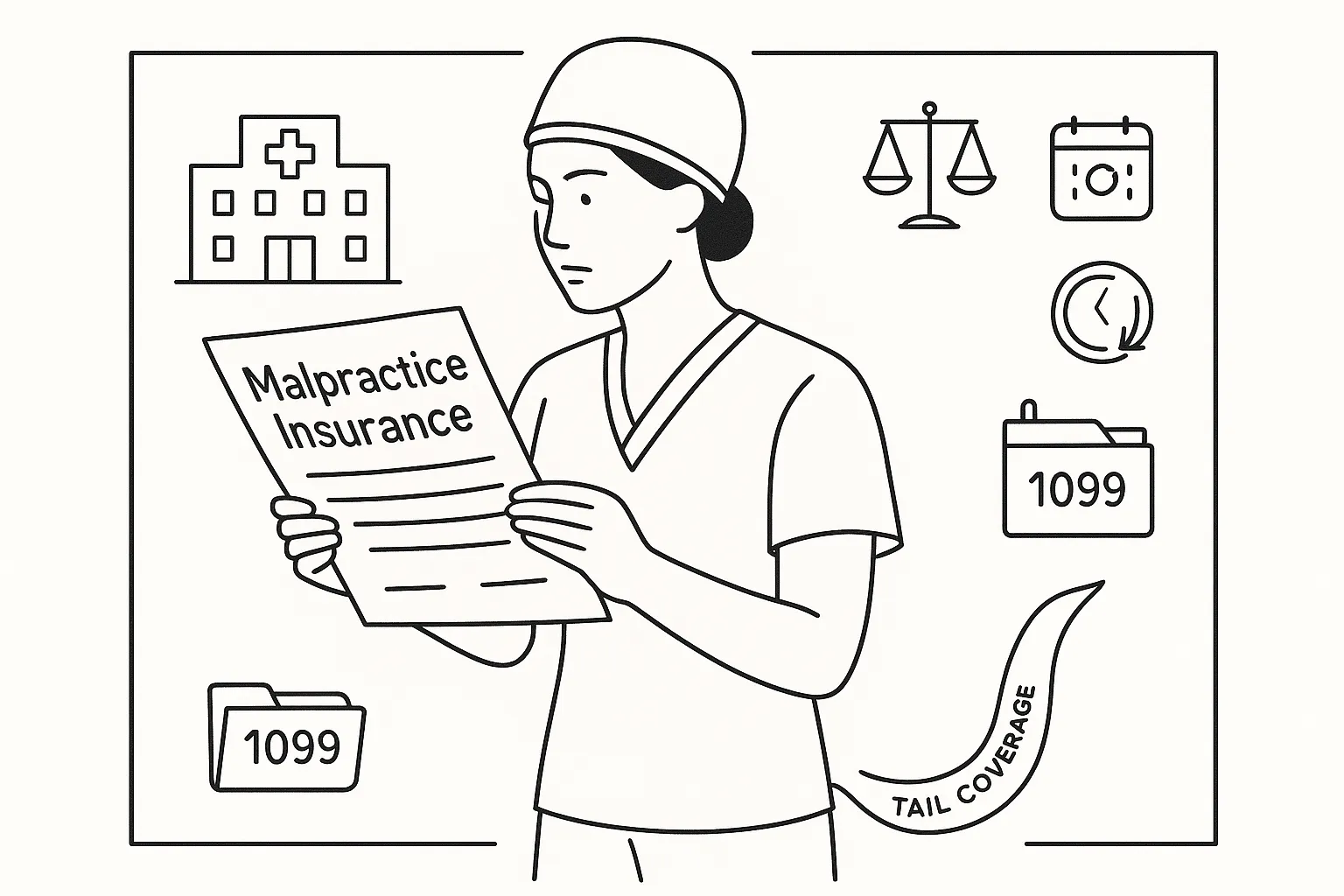 Nurse practitioner examining malpractice contract with a paper “tail” and icons.