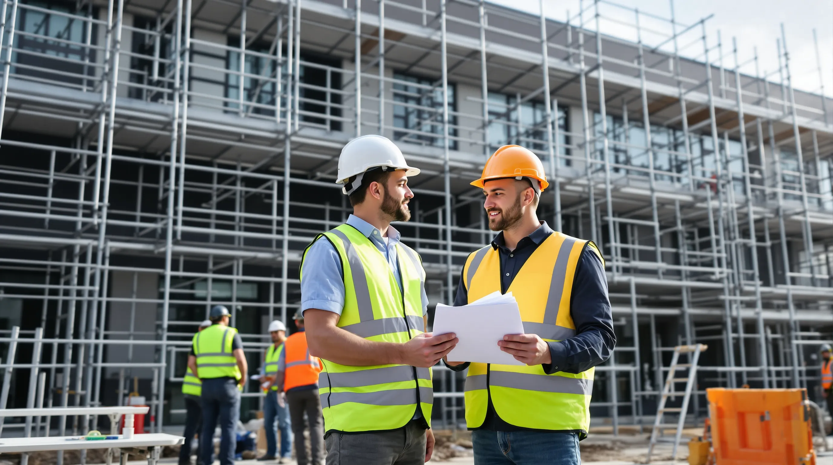Scaffolding contractor consulting with project manager on UK construction site with certified team.