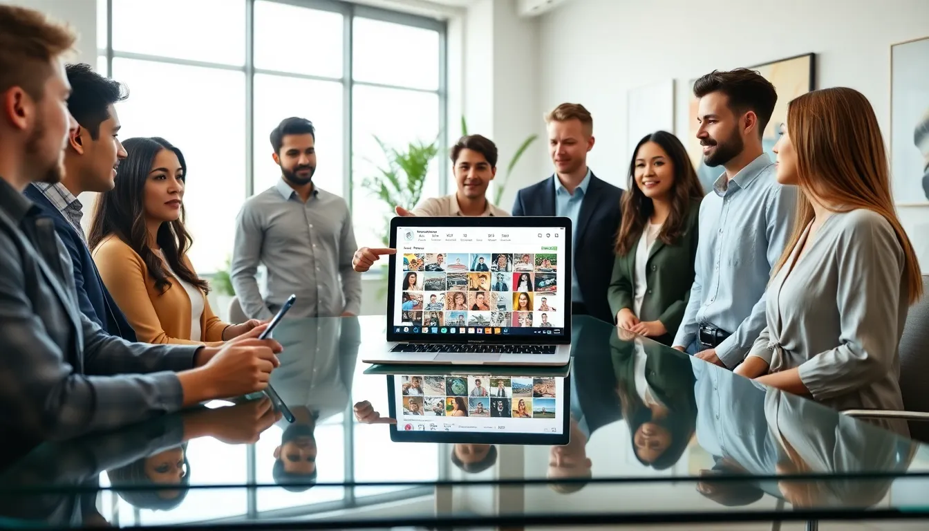 professionals discussing Instagram highlights in a modern office.