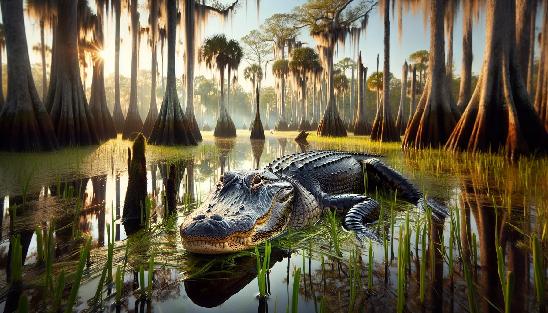 an alligator resting at a swamp with a distant crocodile visible in the background.