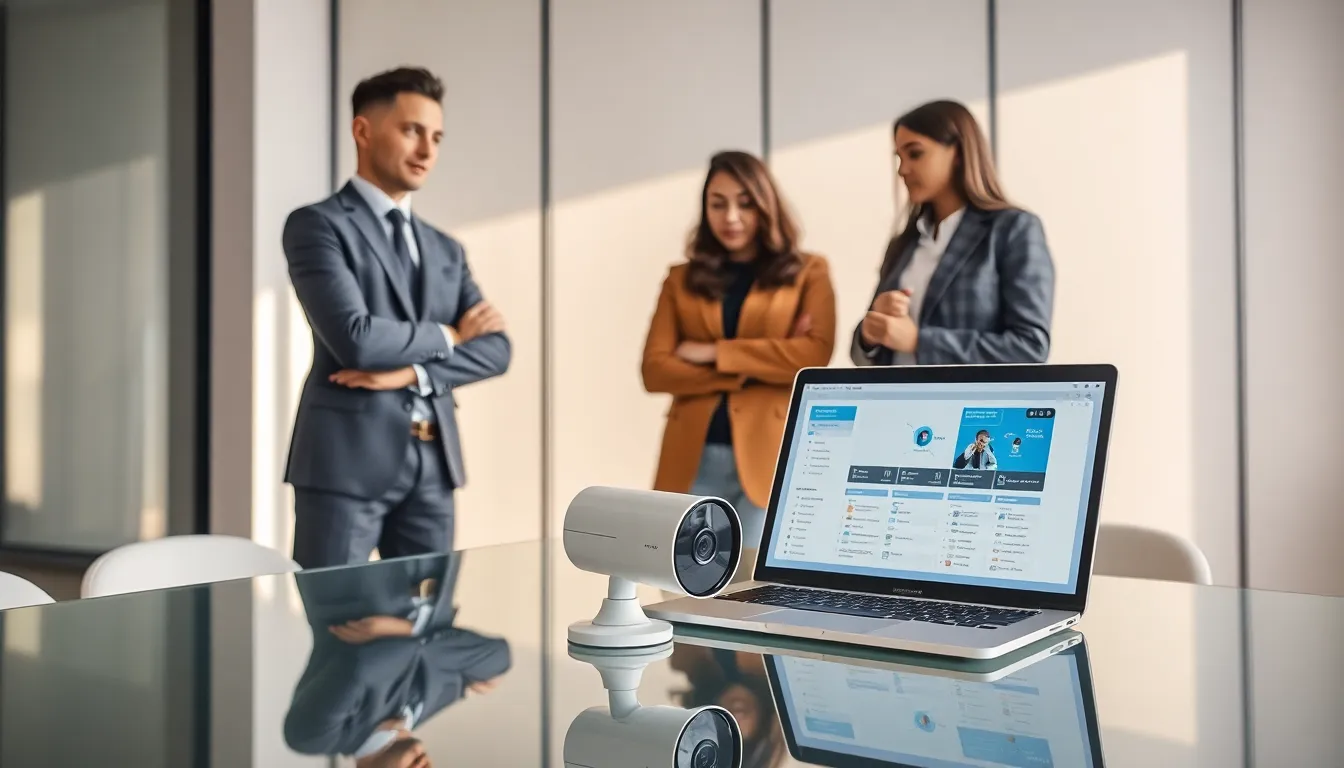 professionals discussing a cellular security camera in a modern office.