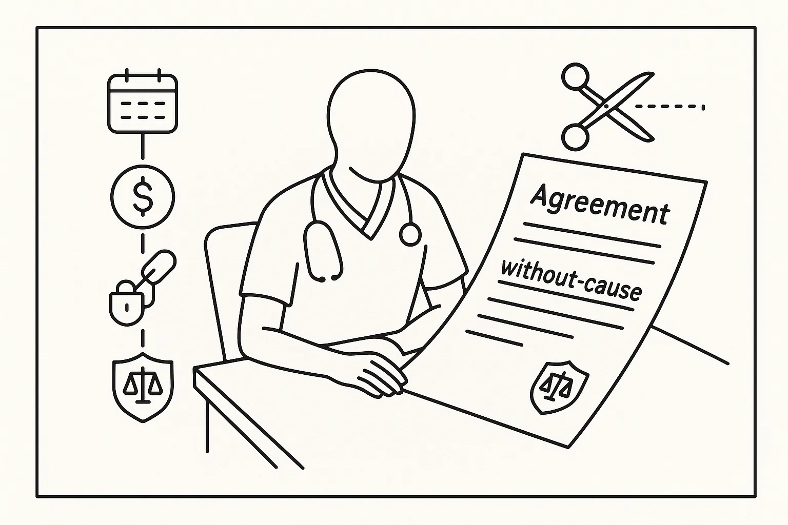 A nurse practitioner reviewing a contract with a highlighted without‑cause clause.