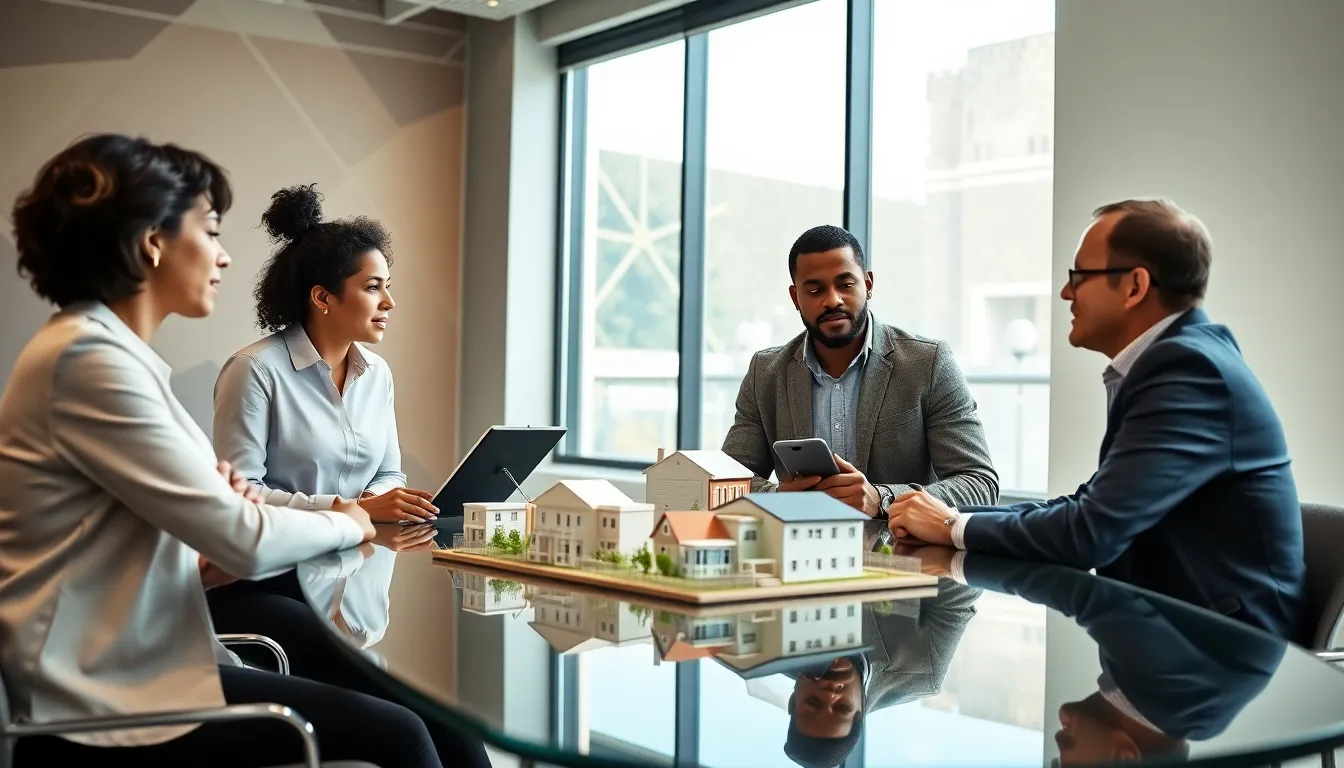 diverse team discussing affordable housing in a modern office.