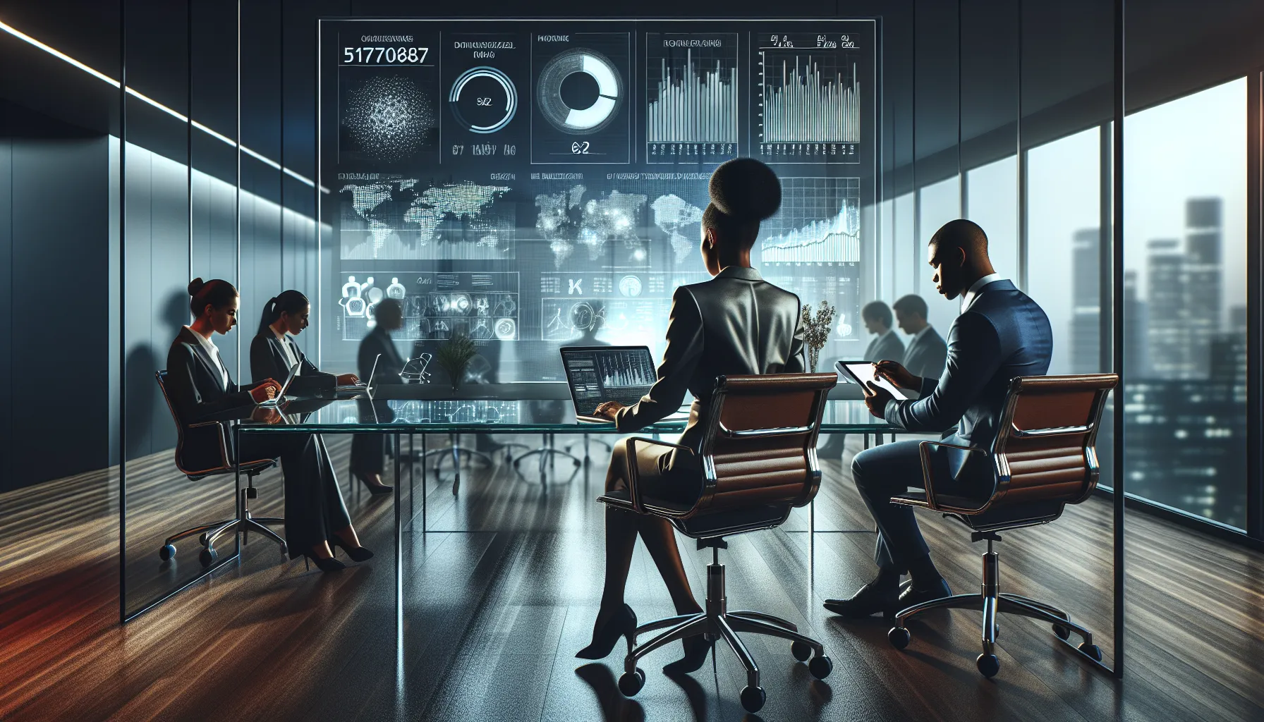 Diverse professionals analyzing data in a modern office.