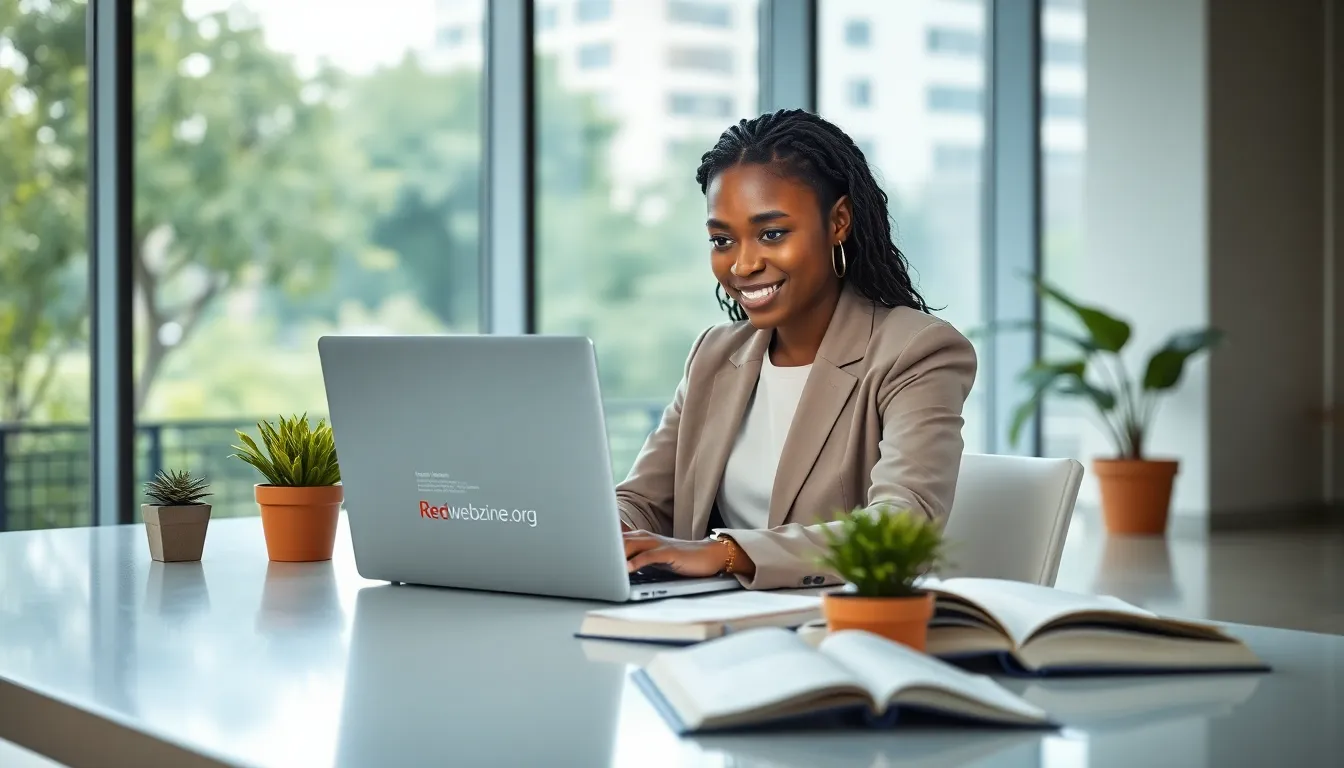 A woman at a desk focused on a privacy policy on her laptop.