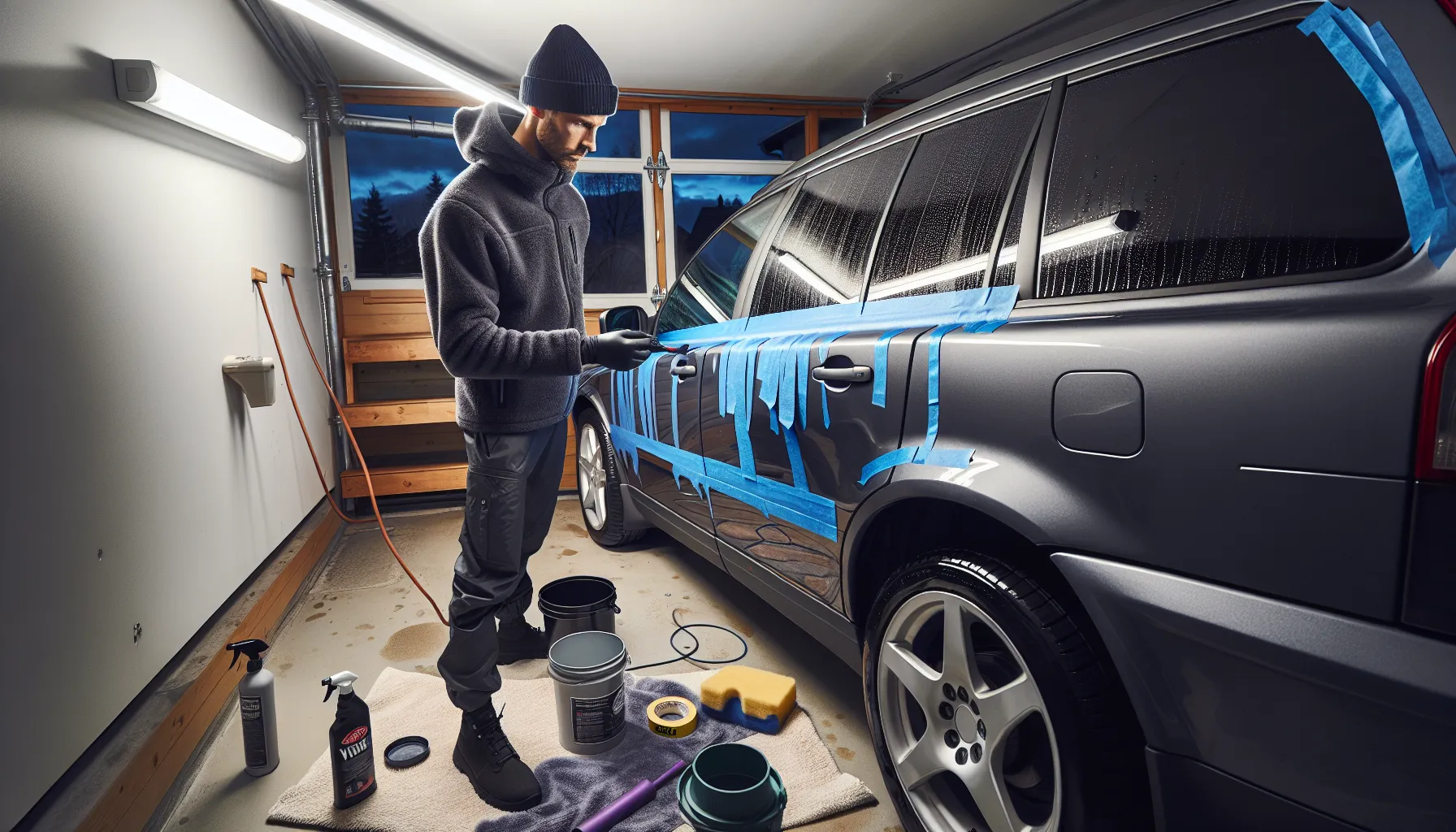 De vanligste feilene ved polering av bil og hvordan du unngår dem 2 Detailer masks trim and inspects clean volvo paint in a norwegian garage.
