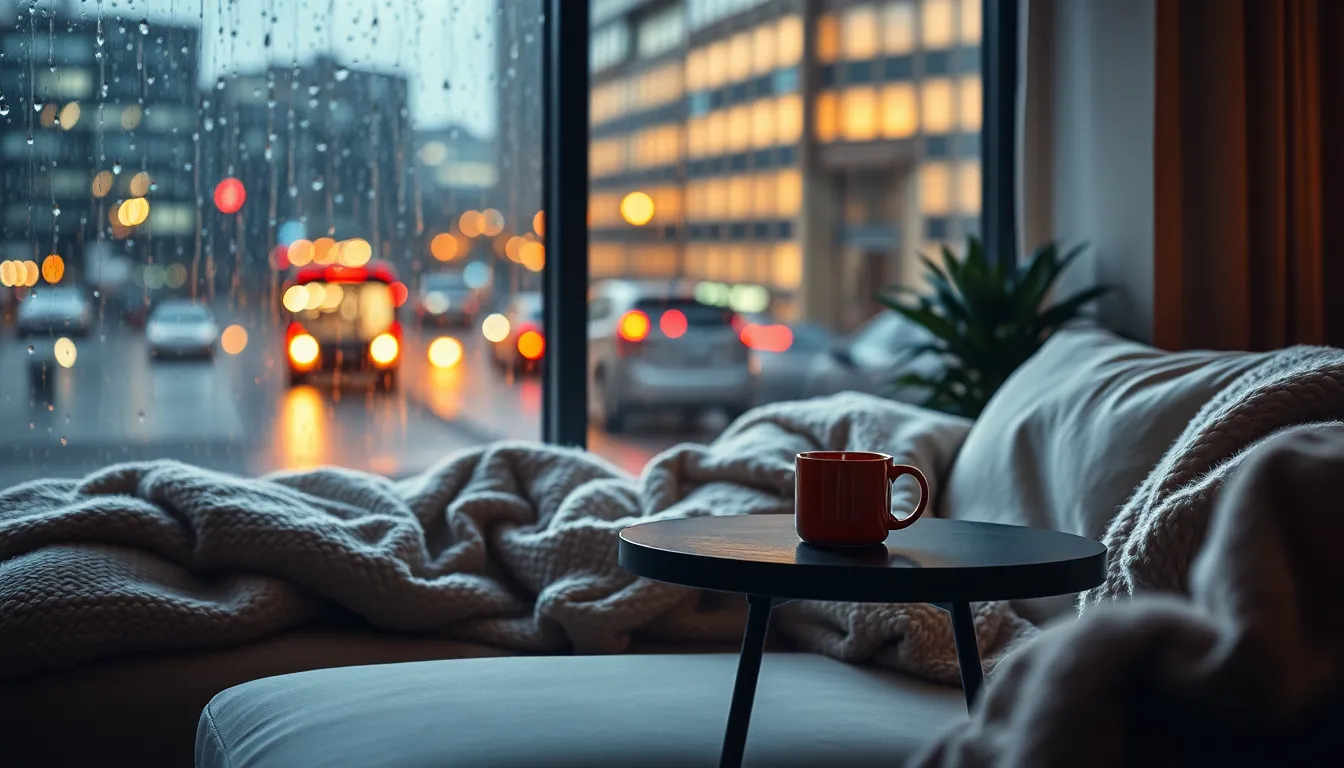 cozy interior on a rainy night with a warm drink and soft lighting.