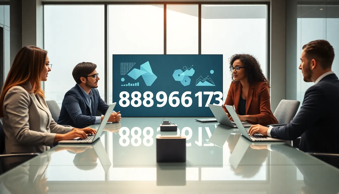 diverse team collaborating over a digital dashboard in a modern office.