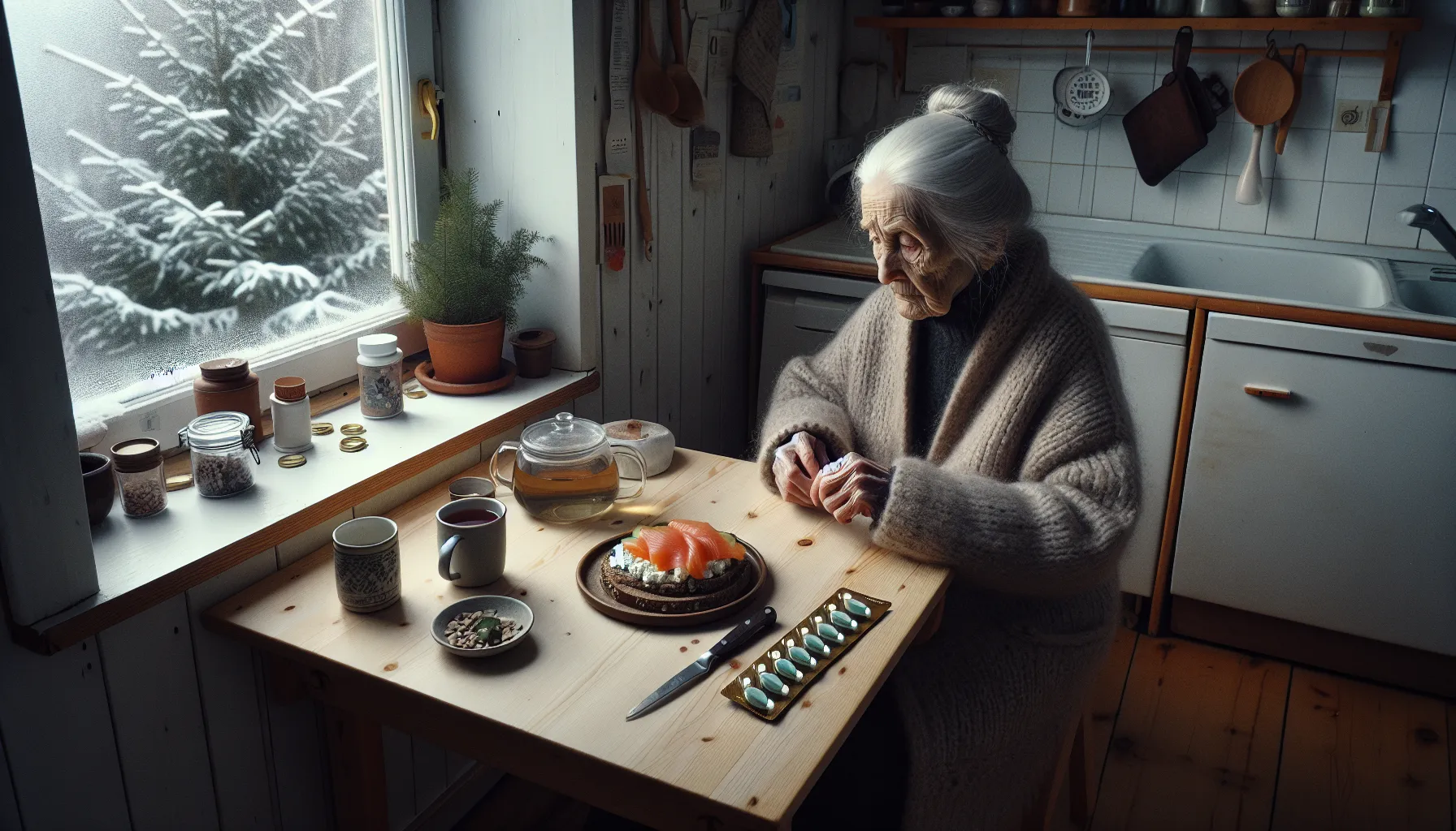 Slik forebygger du underernæring hos syke og svake 2 Frail elderly woman in a norwegian kitchen, food untouched, prevention materials nearby.
