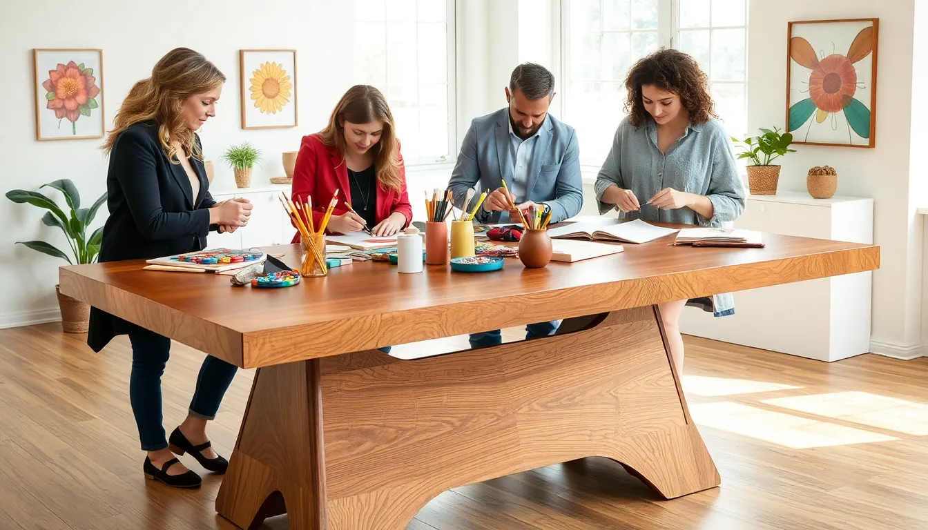 diverse group crafting at a modern arts and crafts table.