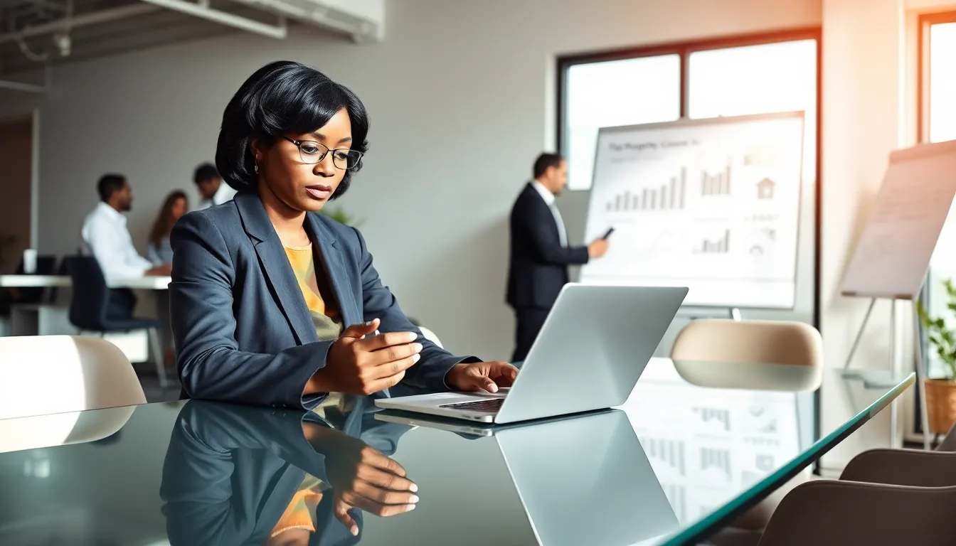 real estate agent analyzing market data in a modern office.