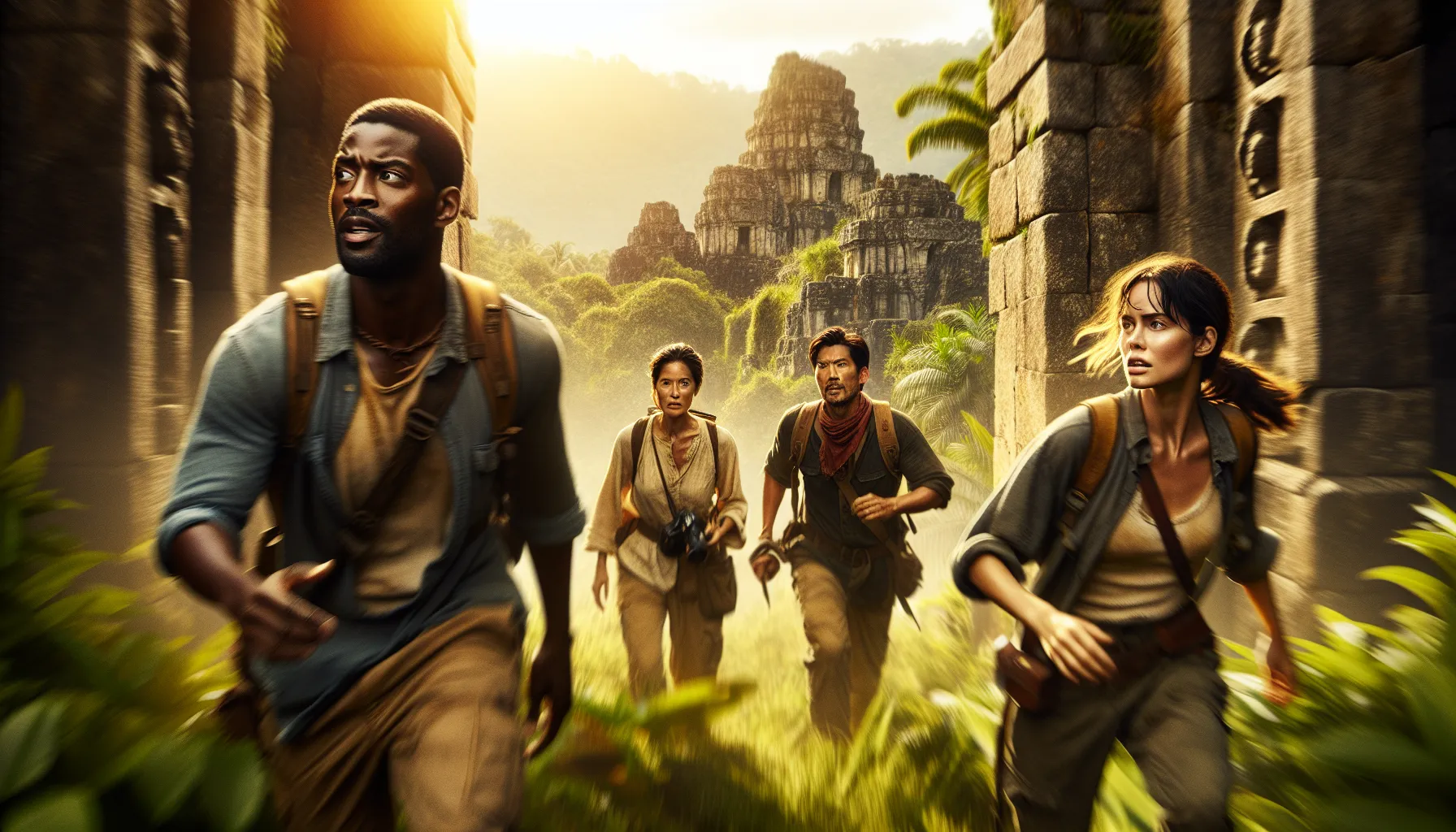 diverse explorers in ancient ruins during an adventure.