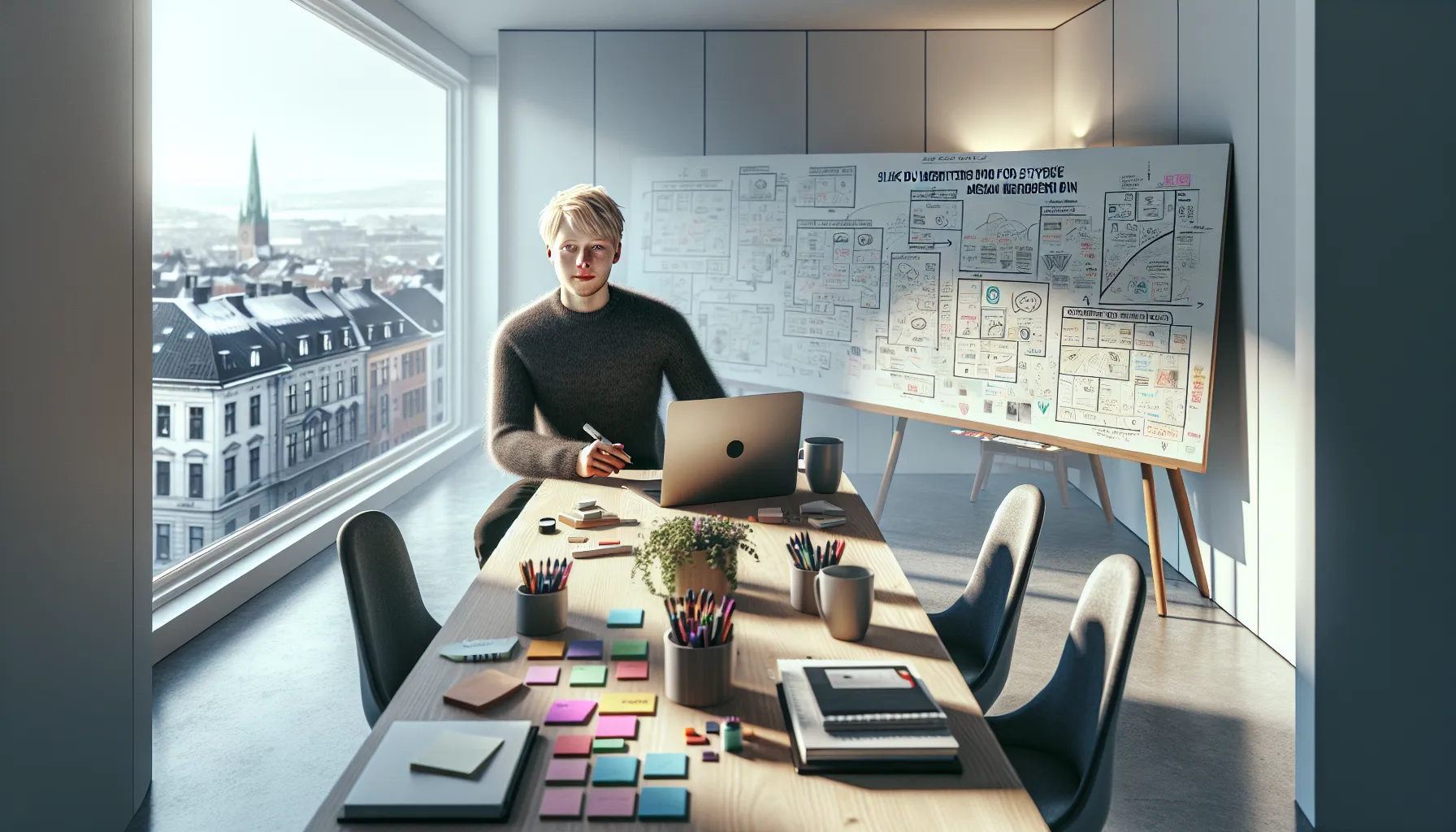 Norwegian marketer mapping brand storytelling with customer personas on a whiteboard.