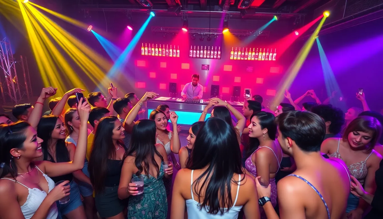 diverse group dancing in a vibrant nightclub setting.