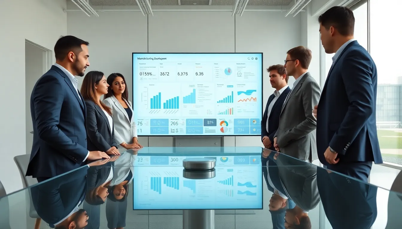 diverse team discussing manufacturing software development in a modern office.