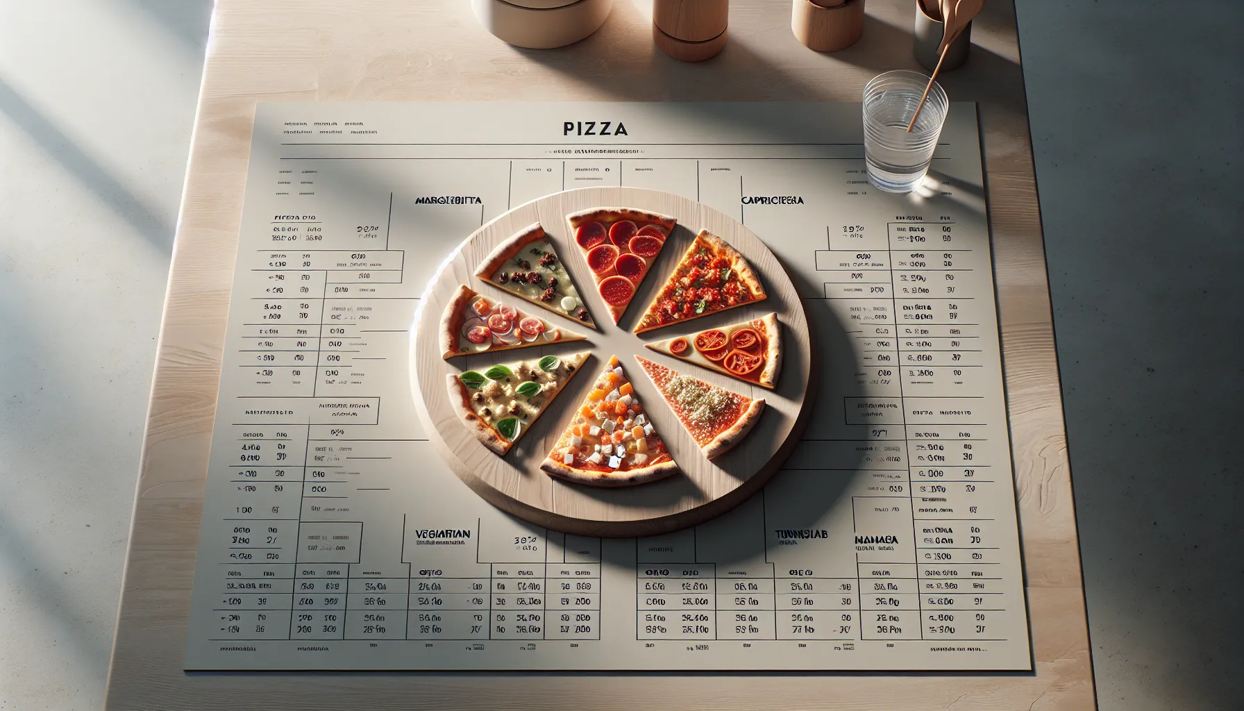 Different pizza slices on a board with nutritional info cards in a modern kitchen.