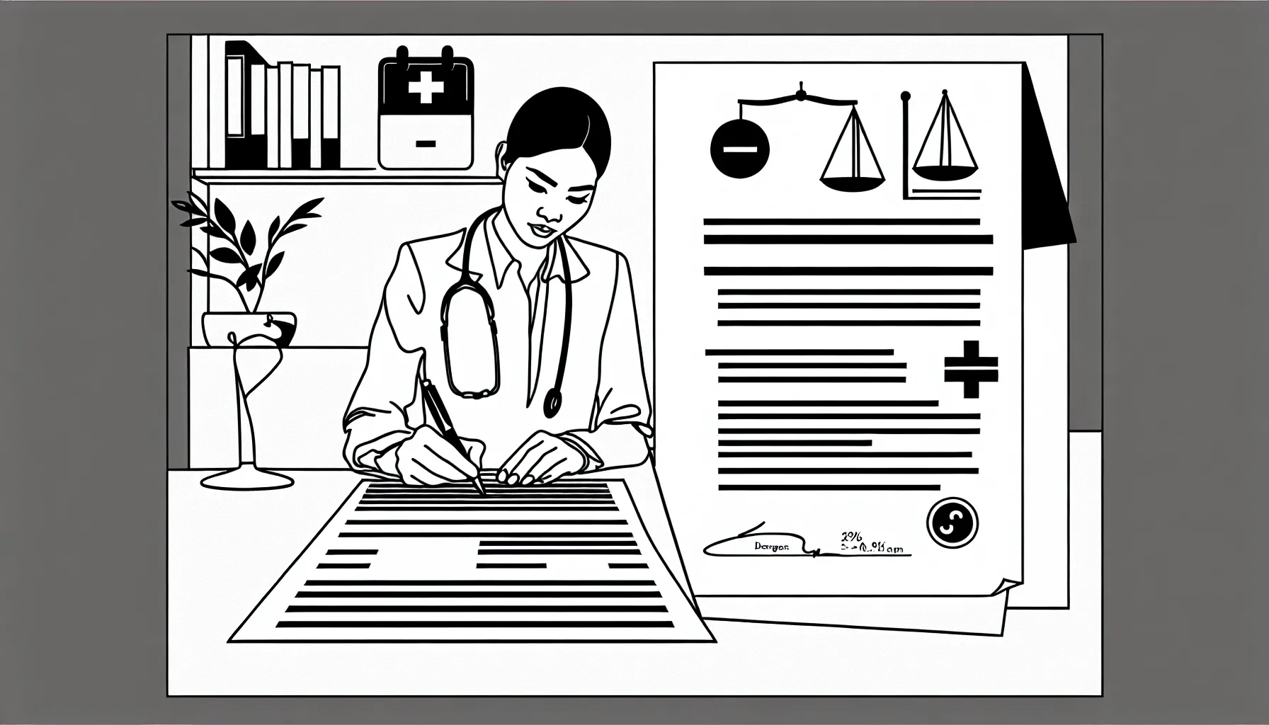 Veterinarian at desk reviewing a compensation contract with charts and icons.