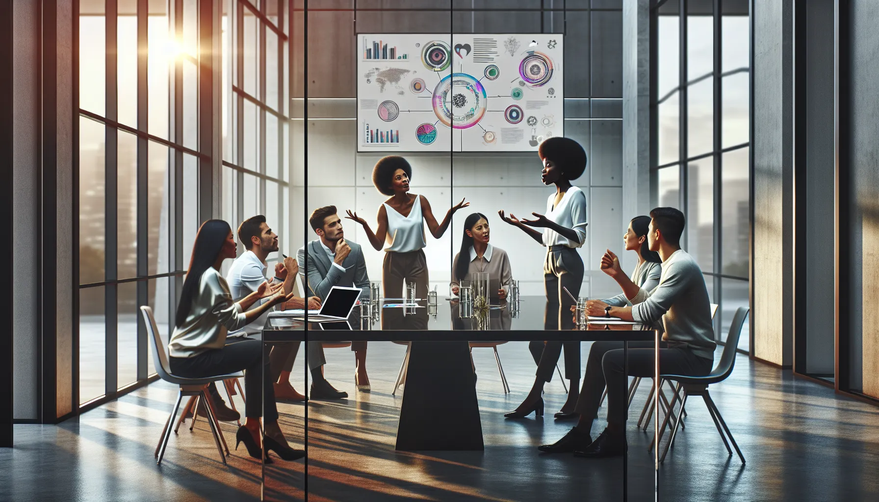diverse professionals discussing symbol significance in a modern office.