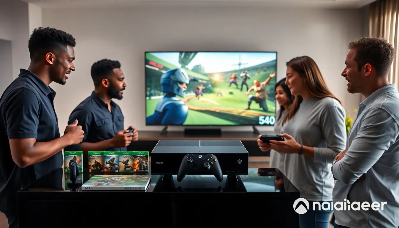 diverse gamers engaging around an Xbox console in a modern living space.