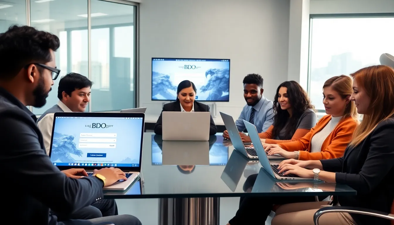 diverse team creating Black Desert Online accounts in a modern office.