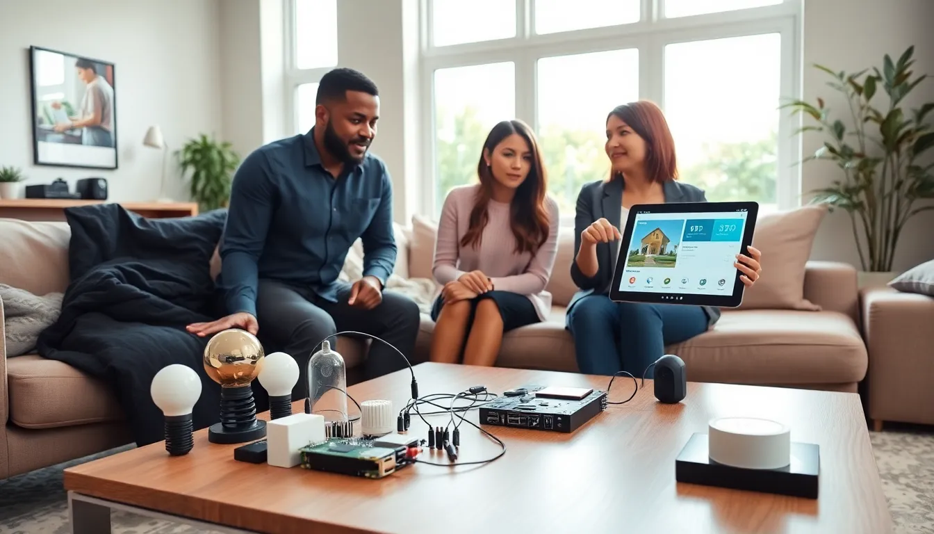 diverse team discussing home automation with Raspberry Pi in a modern living room.