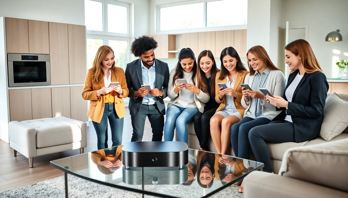 diverse professionals collaborating in a modern smart living room.