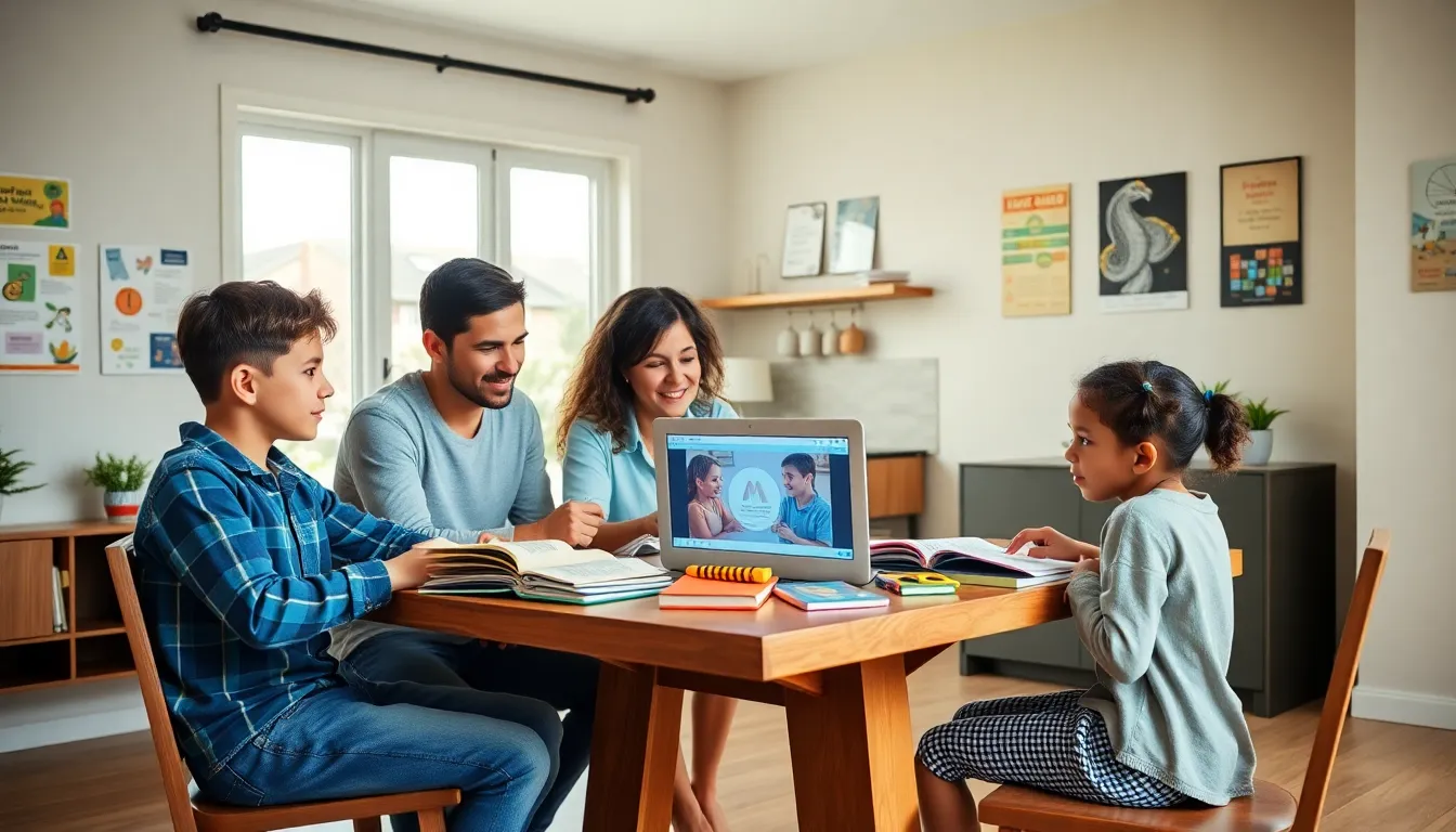family engaged in a homeschooling session in a modern home.