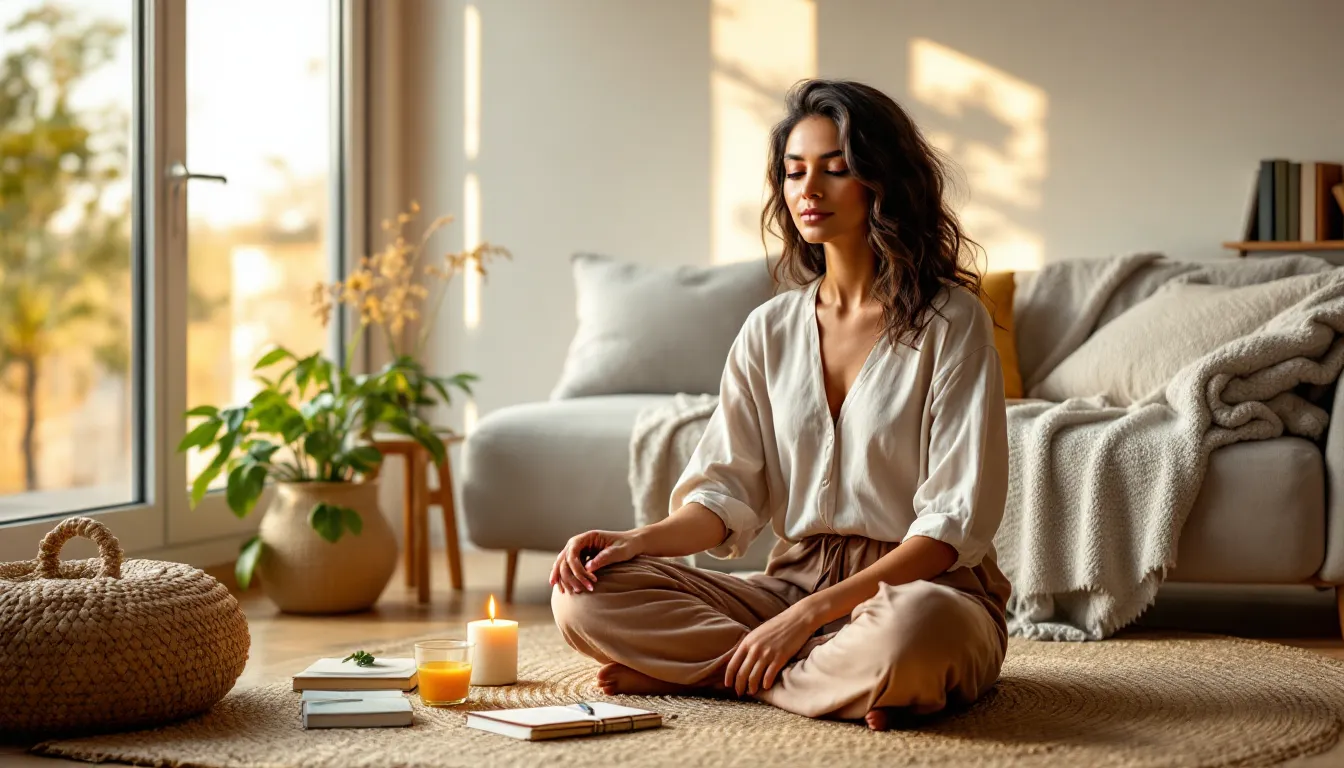 Woman peacefully reflecting with a journal and herbal tea at home.