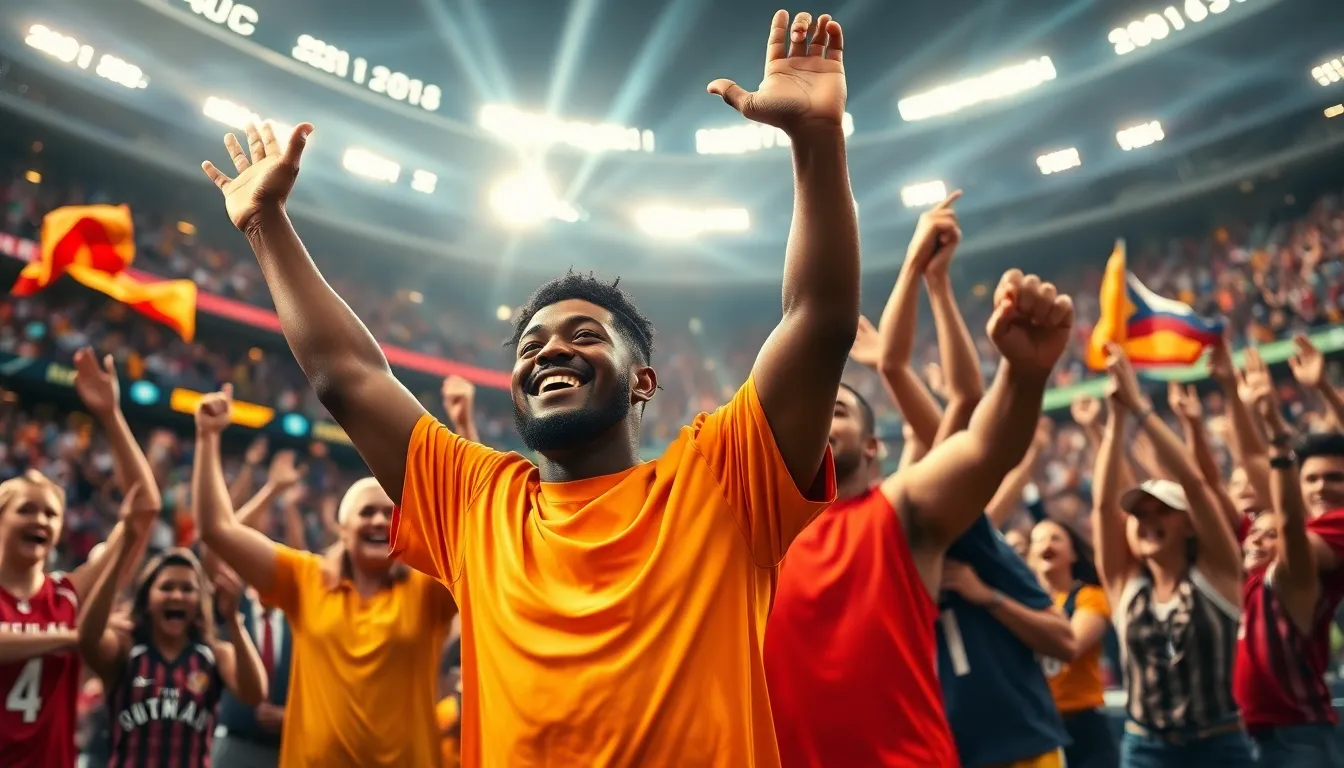 A young athlete celebrating a surprising sports victory with teammates in a lively stadium.