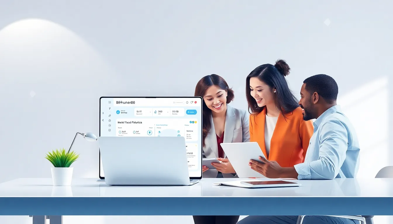diverse professionals collaborating on Bfrunner88 technology in a modern office.