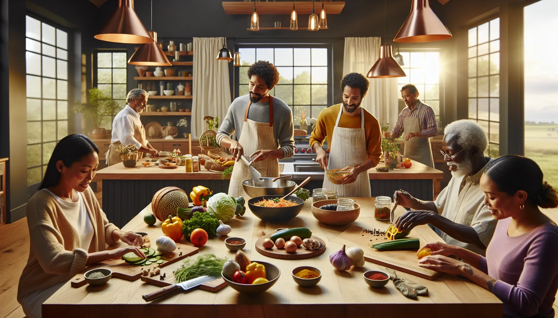diverse group cooking Xoxtinad in a modern kitchen.