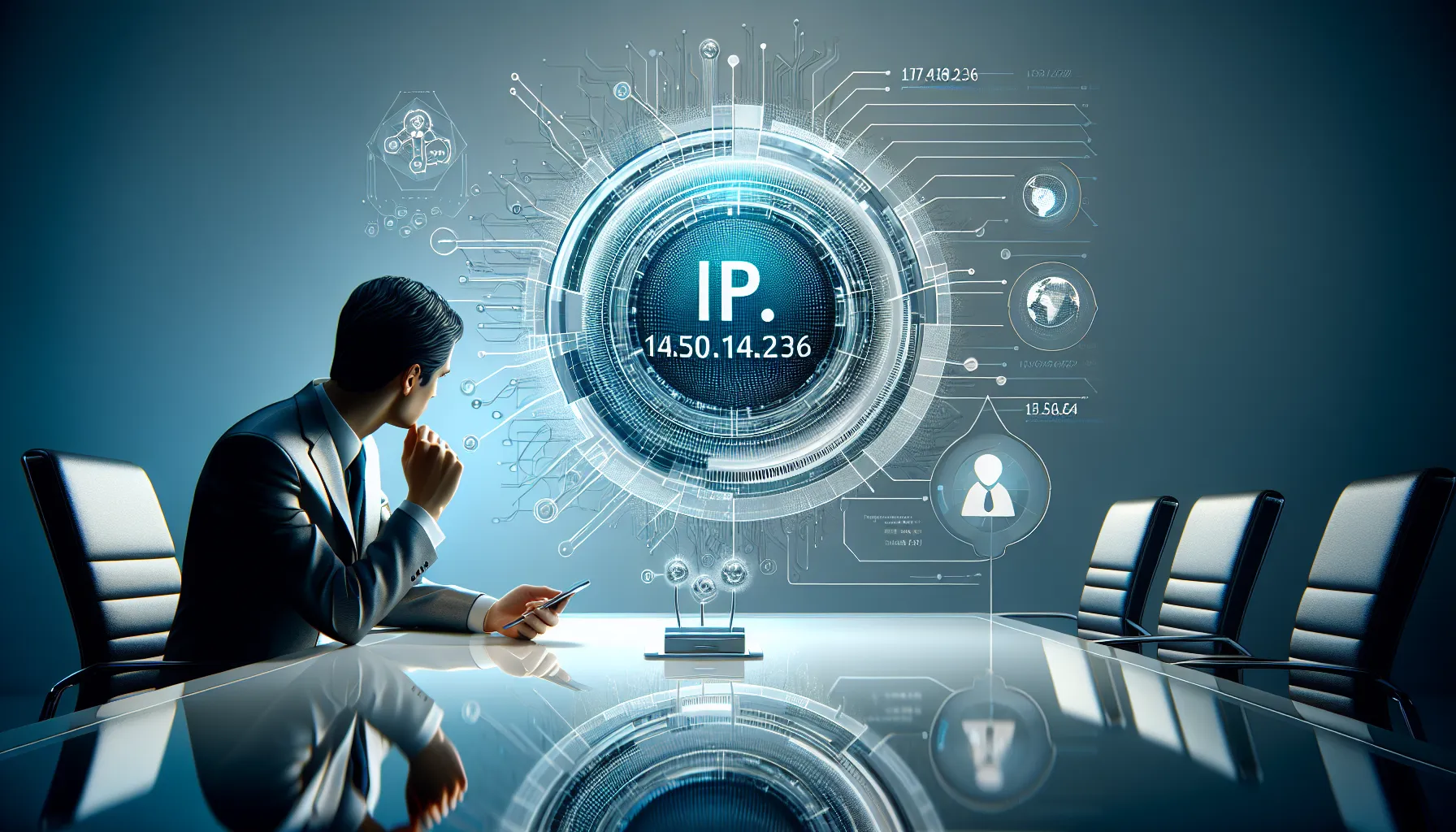 visual representation of an IP address with diverse professional discussing technology.