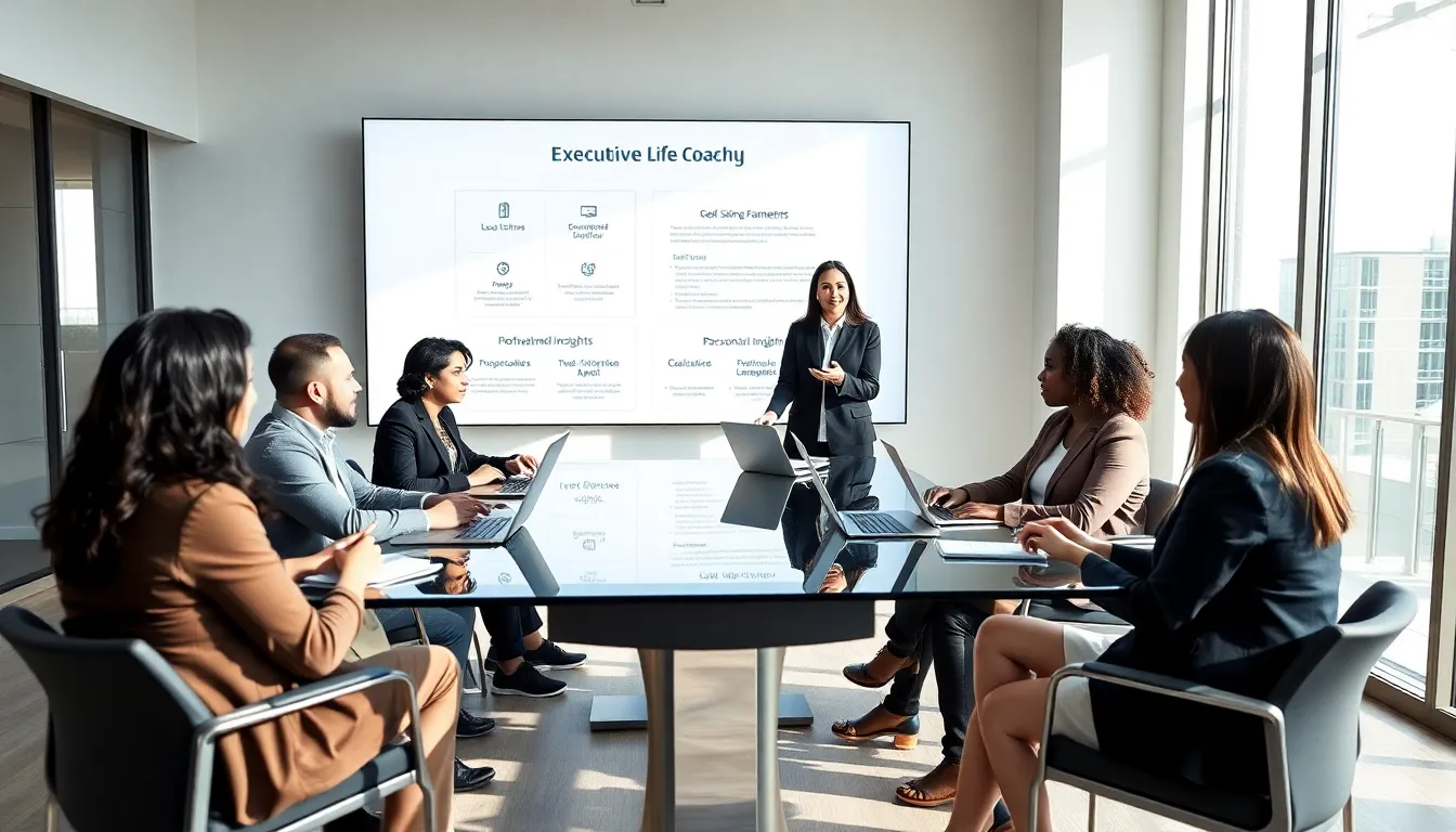 diverse group in an office discussing executive life coaching.