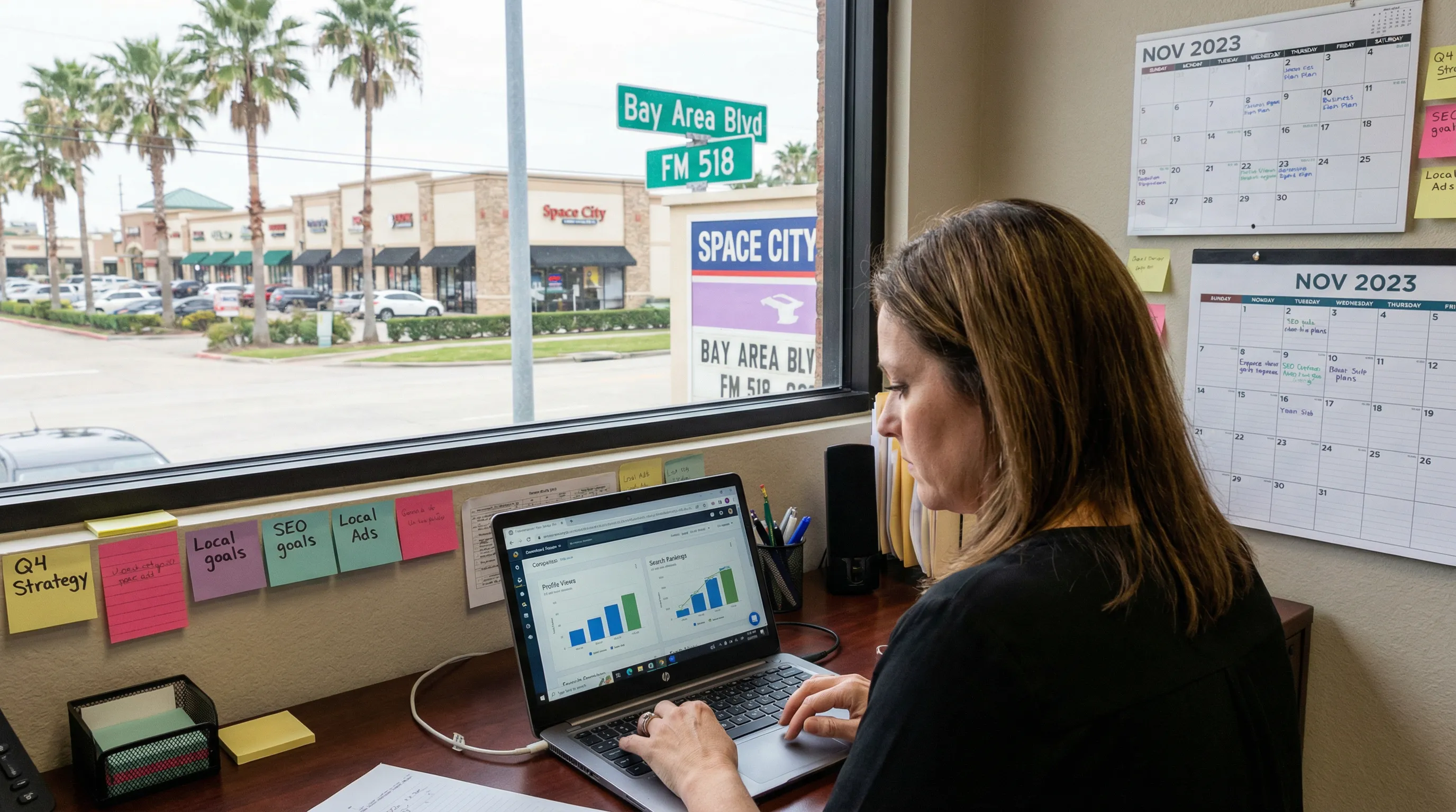 Business owner in an office reviewing charts and comparison graphs on a laptop showing local profile performance data.