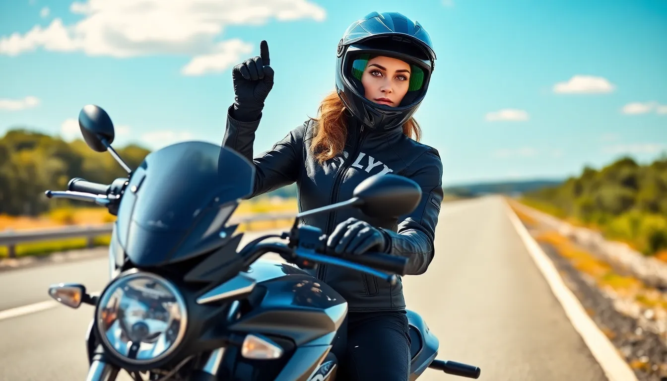 woman in stylish motorcycle gear on a scenic highway.